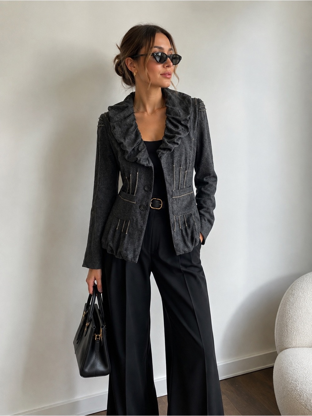 Nadine H Wool Blend Vintage Style Gray Ruffle Collar Jacket EU 36